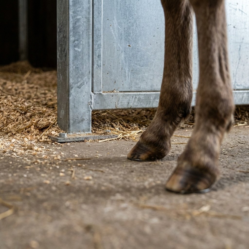 hyperrealistic product photography low angle shot inside a horse stall, focusing on the floor level where the horse stall divider meets the ground, flush 50mm gap design, foal legs visible nearby, preventing entrapment, detailed texture of stable flooring and steel, no text, no signage, no letters --ar 16:9 --style raw --v 6.0
