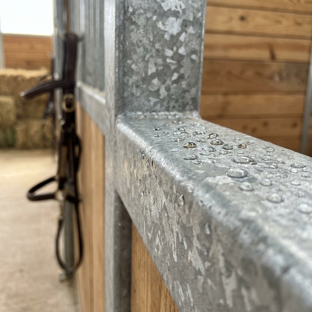 hyperrealistic product photography macro shot of hot-dip galvanized steel texture on horse stall structure, zinc coating detail, water droplets resting on surface without rust, industrial elegance, soft focus background of stable interior, horse stable material focus, 8k resolution, no text, no signage, no letters --ar 16:9 --style raw