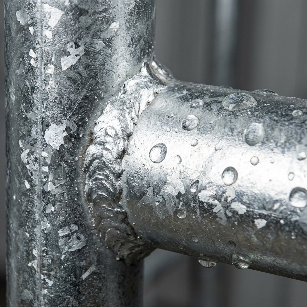 Macro hyperrealistic product photography of hot-dip galvanized steel horse stall structure, extreme close-up of welded joints with thick zinc coating, water droplets resting on surface without rust, metallic silver texture, industrial durability, studio lighting, --ar 16:9 --no text --no letters --no signage
