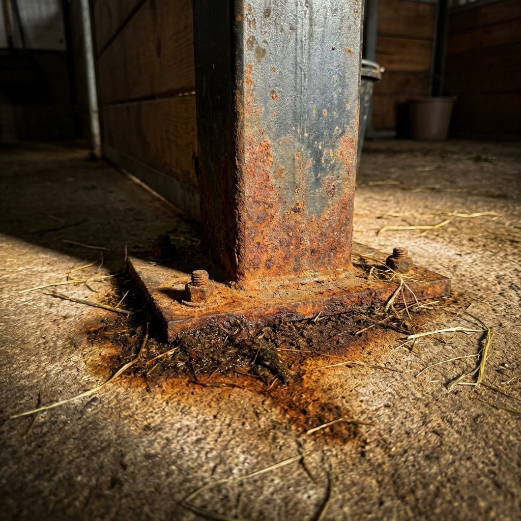 Hyperrealistic macro photography of a steel base plate on a concrete floor within a horse stall, showing the splash zone where urine and bedding contact the metal, slight oxidation texture on unprotected steel examples for contrast, dramatic side lighting highlighting the vulnerability, horse stable environment, --ar 16:9 --no text, letters, words, watermark, signature
