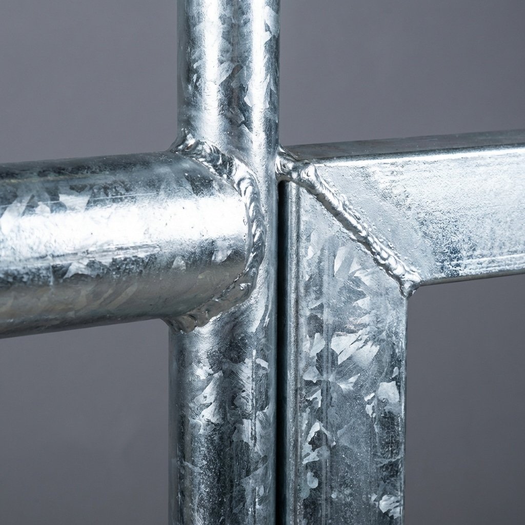 hyperrealistic product photography macro shot of a hot-dip galvanized steel horse stall frame, welded joints completely sealed with zinc, shiny metallic texture, no rust, high detail on Q235B structural steel, studio lighting highlighting the protective coating, 16:9 aspect ratio, no text, no letters --ar 16:9 --style raw --v 6.0