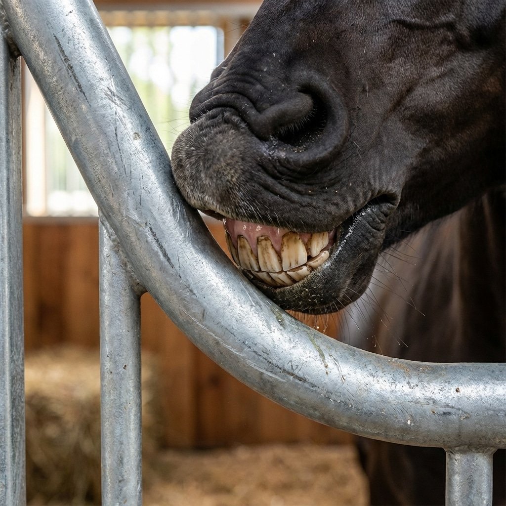 hyperrealistic product photography close-up of a horse cribbing on the rounded edge of a hot-dip galvanized stall bar, focus on the contact point between teeth and metal, background shows clean horse stable interior, detailed steel texture, no text, no letters, no signage --ar 16:9 --stylize 250 --v 6.0