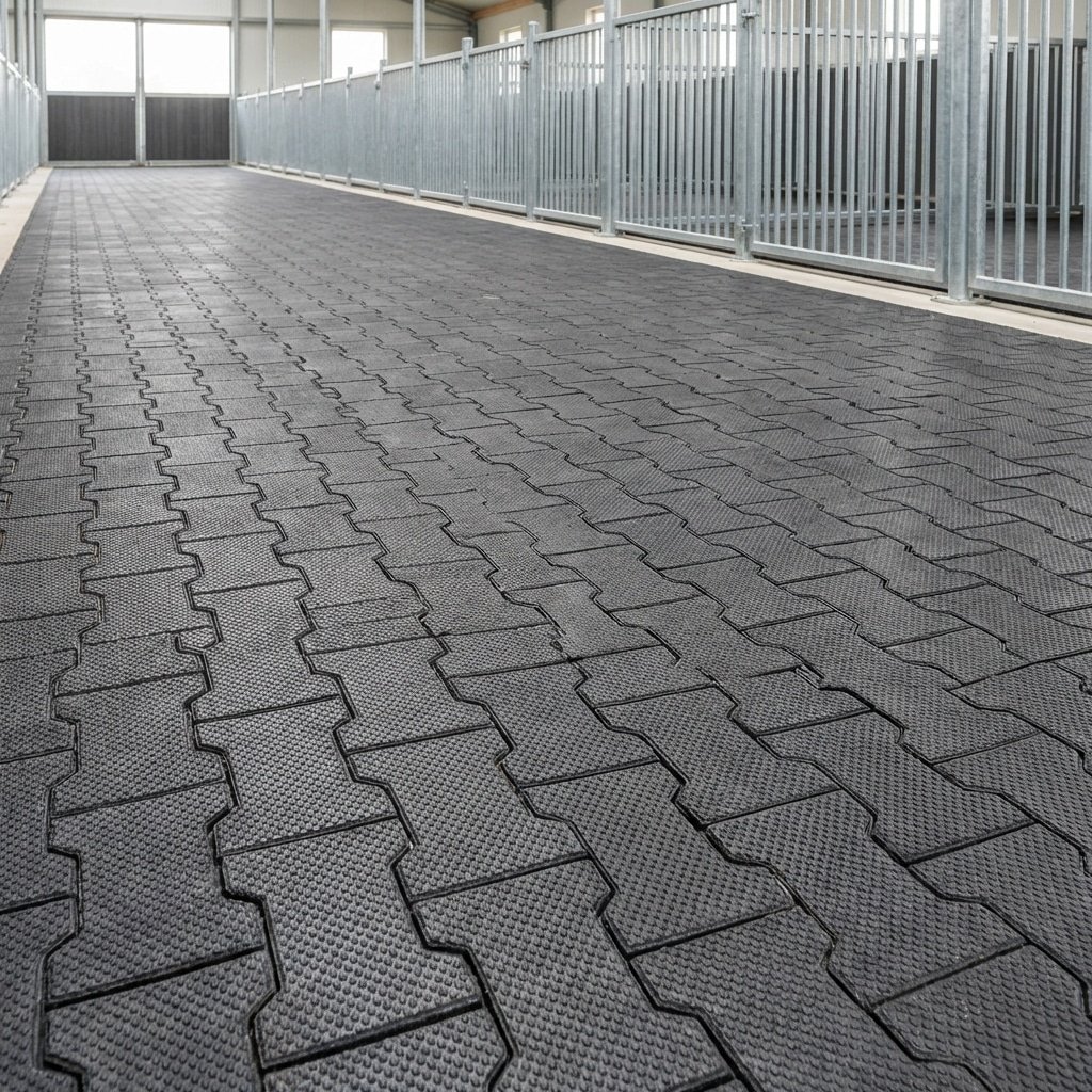 hyperrealistic product photography of horse stable aisle floor details, interlocking rubber pavers, wide clearance space between horse stalls, safety focused design, galvanized steel barriers, no text, no signage, no letters --ar 16:9 --stylize 250 --v 6.0