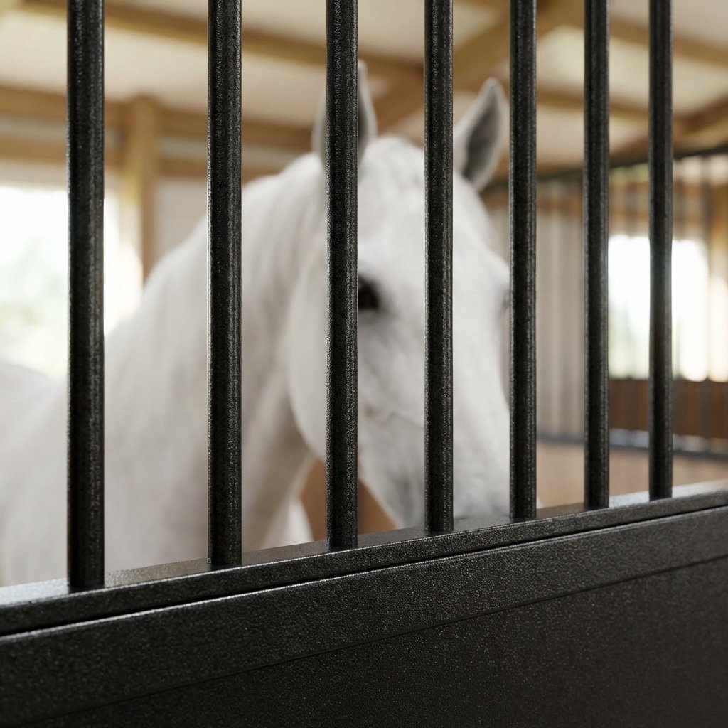 hyperrealistic product photography close-up detail of a high-quality horse stall door, hot-dip galvanized steel texture, sleek black finish, a white horse visible behind the bars, shallow depth of field, professional equestrian facility vibe, no text, no letters, no signage, no english characters in scene --ar 16:9 --v 6.0