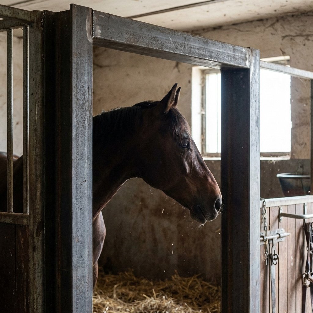 hyperrealistic product photography close-up of a horse stalls door frame, showing 1.25m clear width, a horse head passing through safely without hip impact, Q345B steel texture visible, safety focused composition, natural light, Horse Stable context, 16:9 aspect ratio, no text, no signage, no English characters in scene --ar 16:9 --style raw