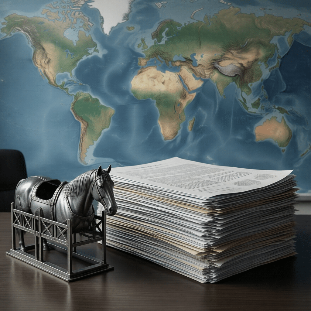 A desk setup featuring a detailed horse figurine in a stable frame alongside a stack of documents, with a world map backdrop highlighting global reach.