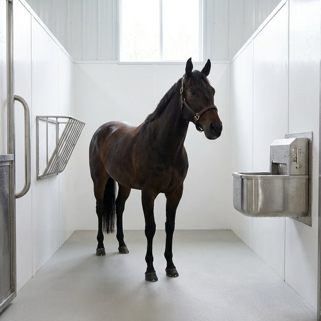 hyperrealistic product photography of a thoroughbred horse inside a biosecure horse stall, disease prevention focus, clean HDPE surfaces, washdown ready materials, water droplets on steel, natural light, no text, no signage, --ar 16:9 --style raw --v 6.0