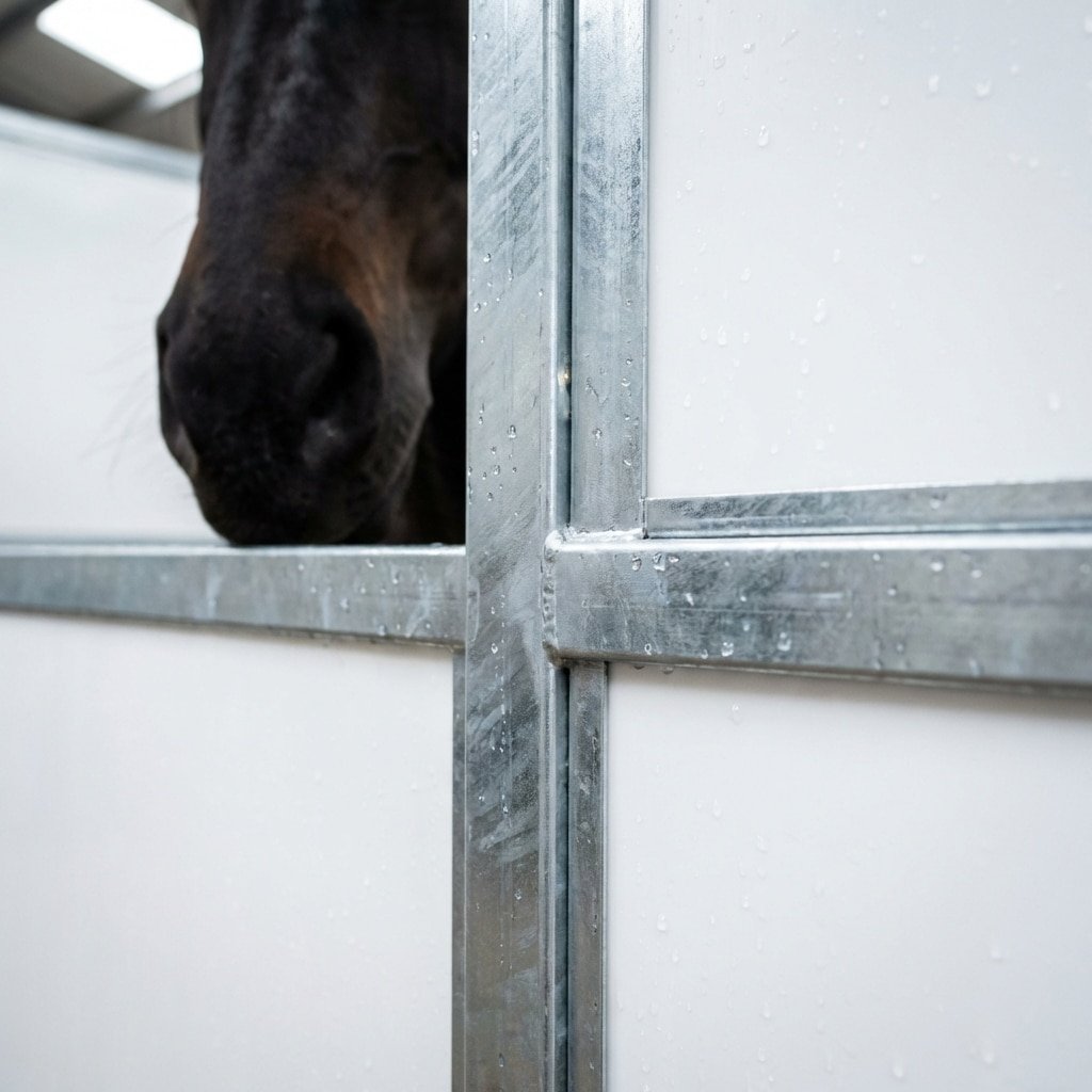 A close-up view of a horse's head peeking through a galvanized steel stall panel, showcasing the durable and weather-resistant design of the stable equipment.