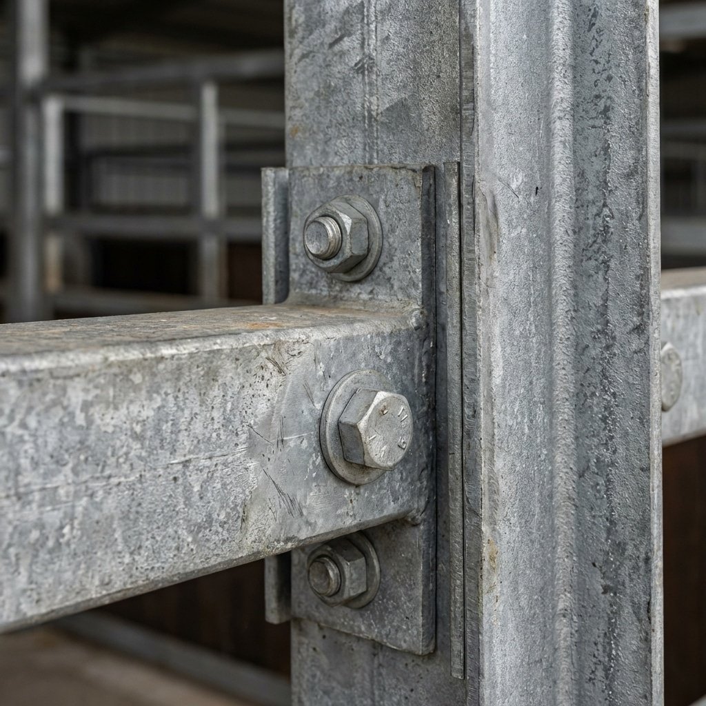 hyperrealistic product photography close-up of heavy-duty horse stall construction details, Q345B low alloy steel texture, hot-dip galvanized surface finish, bolted panel connections, rugged industrial aesthetic, macro lens, 16:9 aspect ratio, no text, no letters, horse stalls material quality, steel joints --ar 16:9 --v 6.0 --style raw --no text