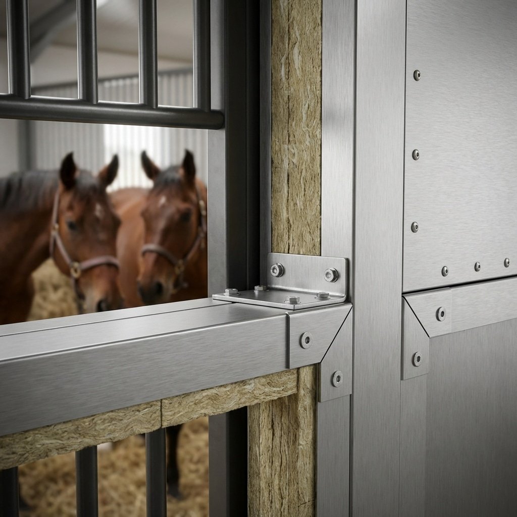 Close-up of galvanized steel stable panels with a view of two horses inside, showcasing durable and stylish horse stall equipment.