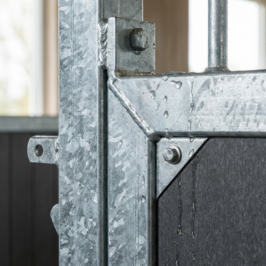 Hyperrealistic product photography macro shot of a horse stall steel joint and frame corner, showing thick hot-dip galvanized zinc coating texture, waterproof panel connection detail, water droplets running off the metal surface, industrial precision, clean metallic silver and dark grey tones, studio lighting mixed with natural window light, ISO standard quality visualization, 16:9 aspect ratio, no text, no signage, no letters --ar 16:9 --style raw --v 6.0