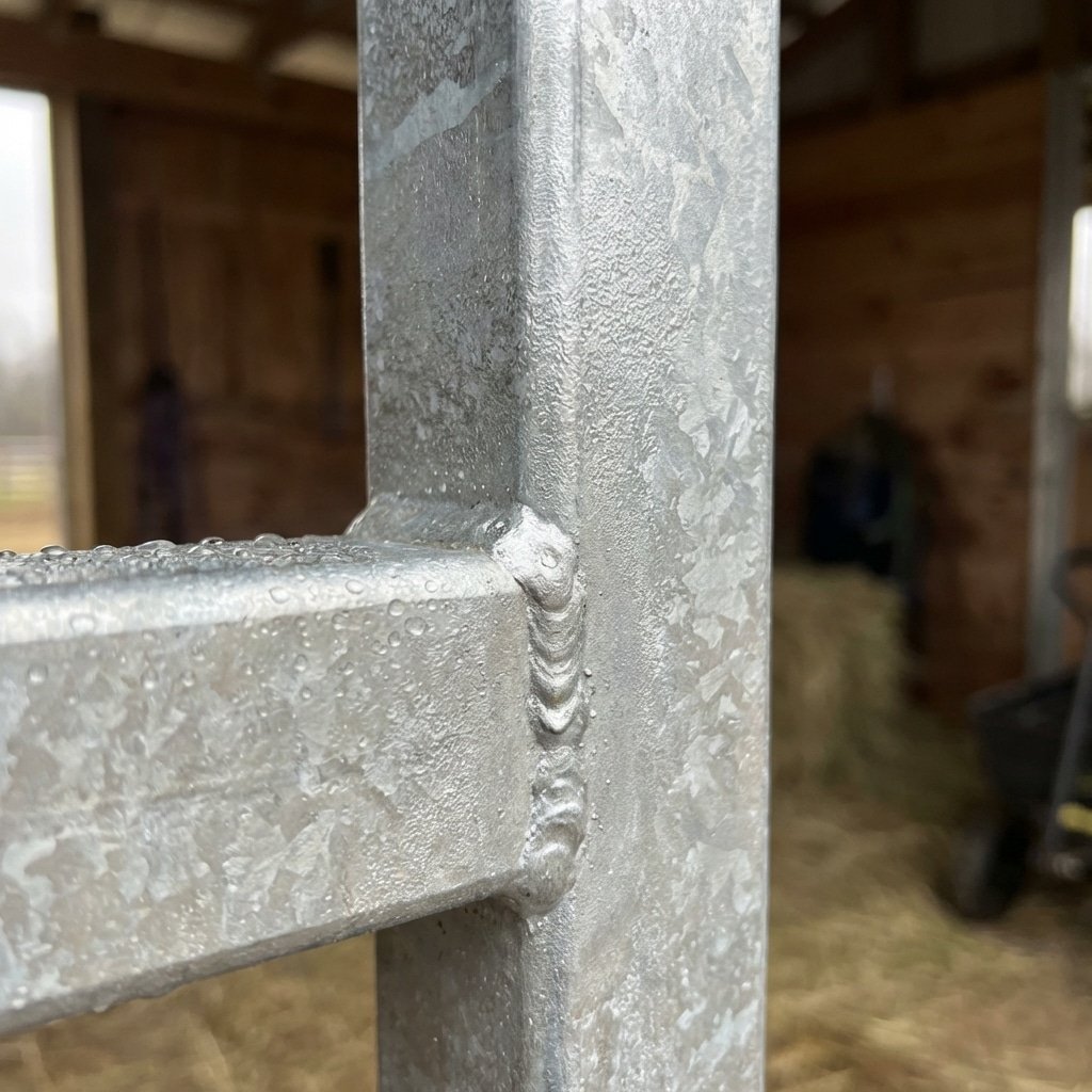 Hyperrealistic product photography macro close-up of hot-dip galvanized steel joint on horse stall bars, metallic zinc coating texture, water droplets beading off the surface, industrial precision welding, silver and grey tones, horse stable context background blurred, 16:9 aspect ratio, no text --ar 16:9 --no text
