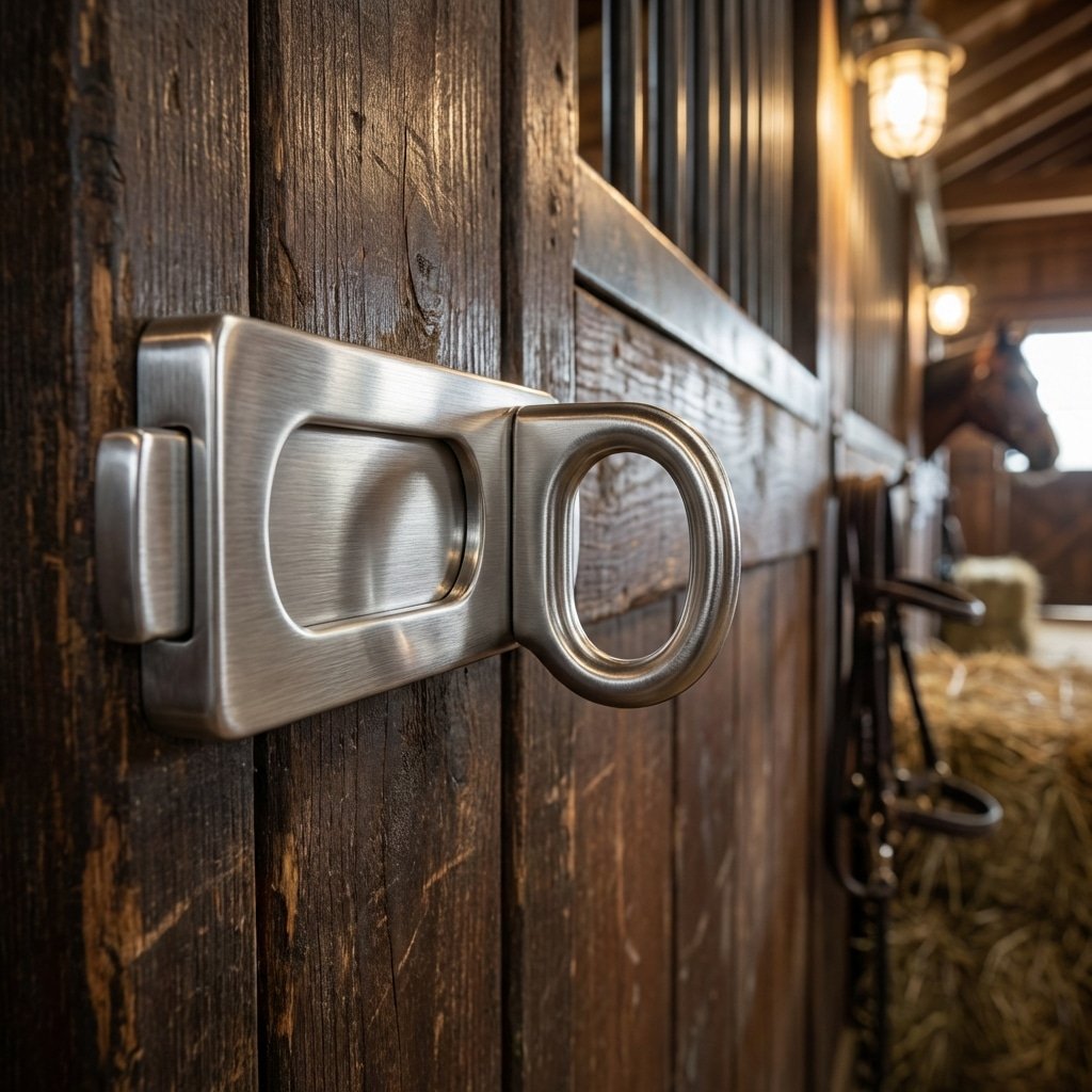 A close-up of a sleek, metallic stable door latch on a wooden stall door, with a horse visible in the background inside the stable.