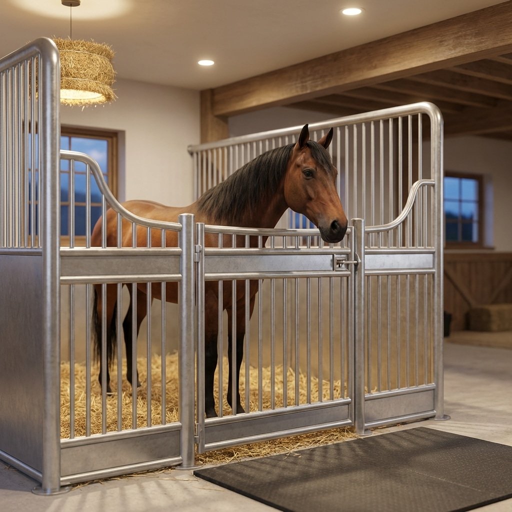 A brown horse stands inside a galvanized steel stall in a well-lit stable, surrounded by hay and equipped with modern stable panels.