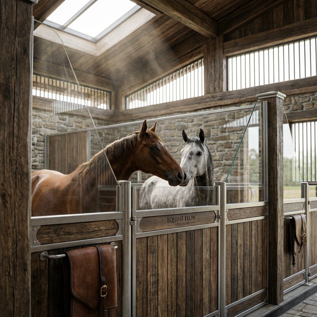 超写实产品摄影,马厩内部,两匹马在半墙隔间互动,固体屏障上方视觉通透,气流通过顶部格栅,自然光 --ar 16:9