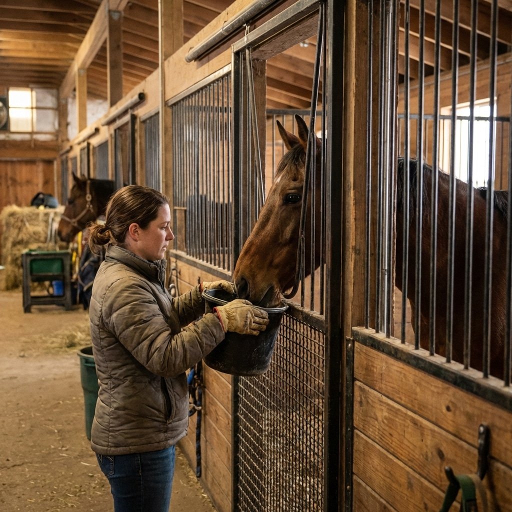 Hyperrealistic product photography showing a stable handler safely feeding a horse through a closed drop-down door on a horse stall, steel barrier separating human and animal, safety workflow, realistic stable environment, depth of field --ar 16:9 --no text