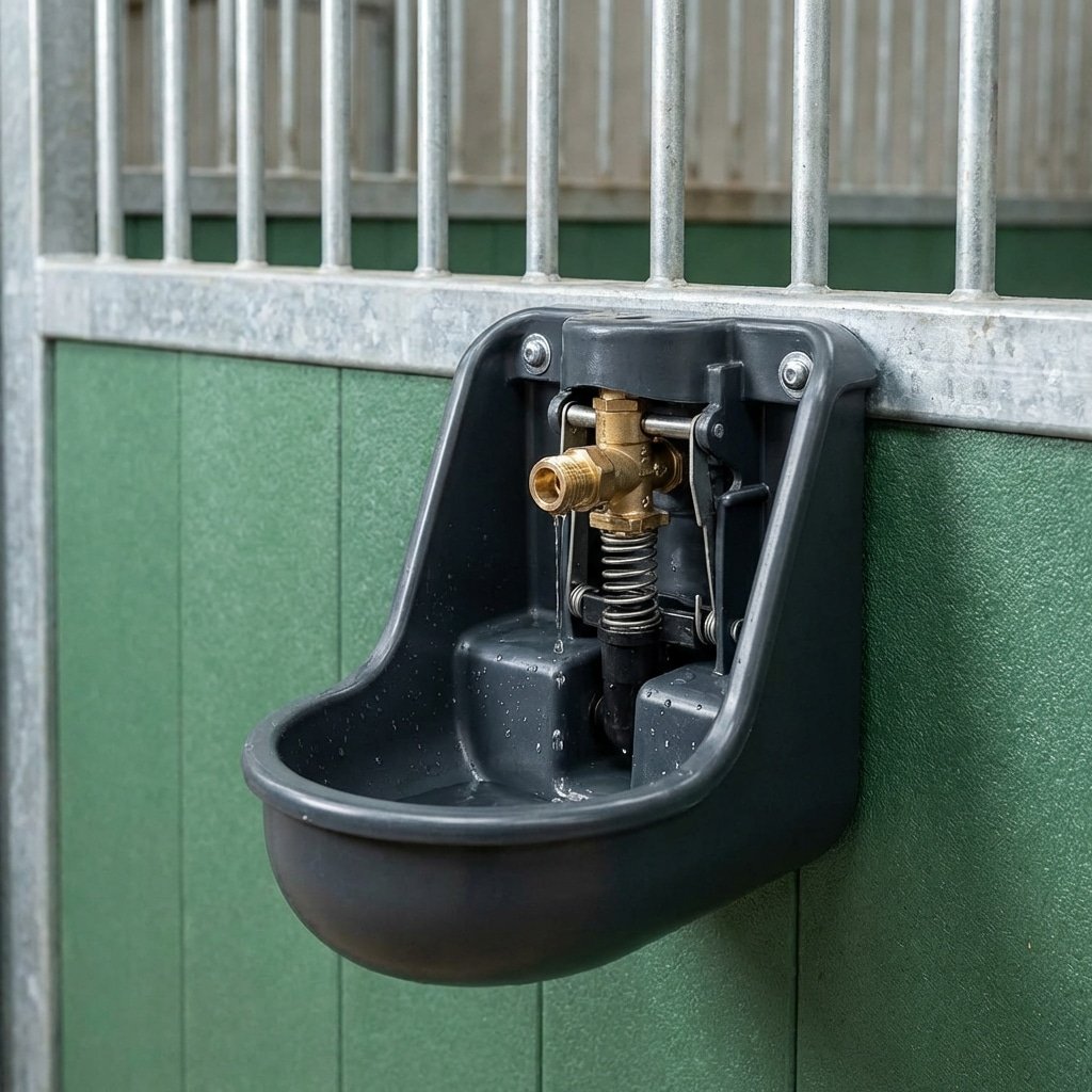 Hyperrealistic product photography close-up shot of an automatic horse waterer mounted on a rigid steel horse stall wall, water dripping from the mechanism, detailed mechanical components, solid HDPE infill panel background, stable lighting, clean surfaces without any signage or letters, 16:9 aspect ratio --ar 16:9 --style raw --no text