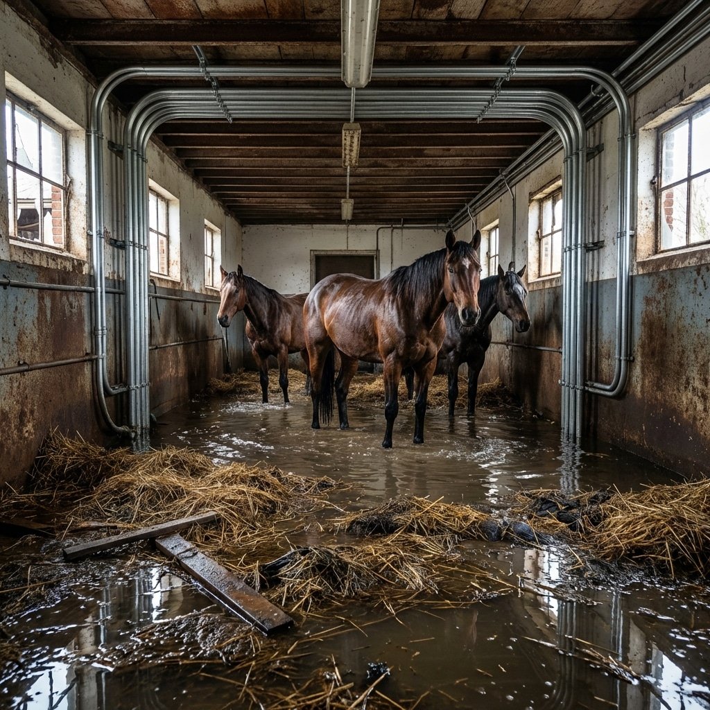 马栏内部,积水淹没垫料,湿稻草,安全隐患,镀锌钢护管保护下的完好管道,对比强烈,超写实摄影,16:9 比例