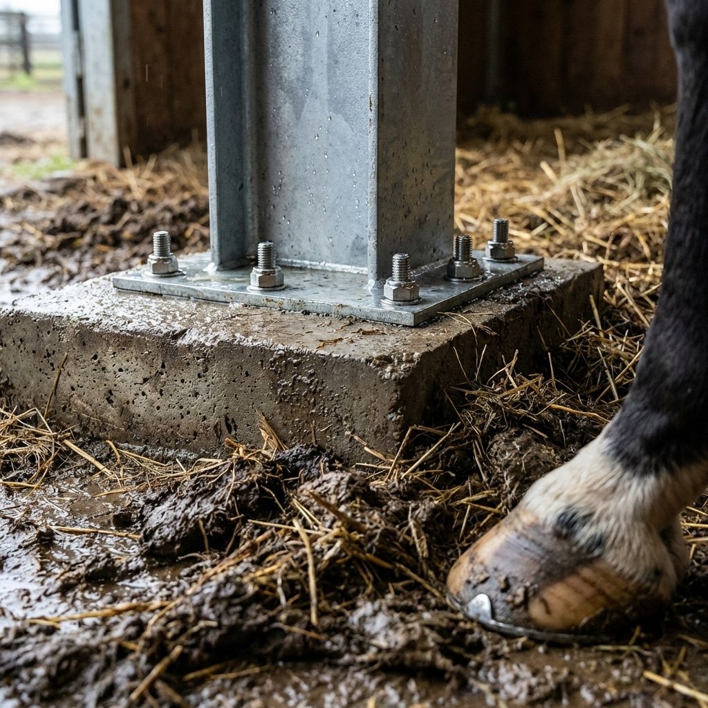 hyperrealistic product photography close-up low angle shot of horse stable base, 304 stainless steel anchor bolts embedded in concrete footing, wet mud and bedding around the base, galvanized post rising, horse hoof visible nearby, showcasing corrosion resistance and solid connection, 16:9 aspect ratio, no text, no letters, no typography --ar 16:9 --style raw --v 6.0