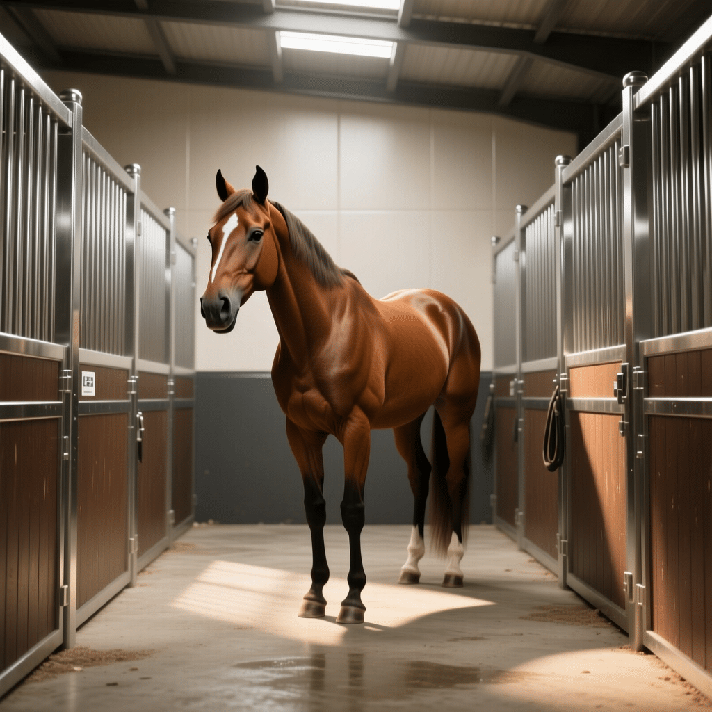 A majestic brown horse stands confidently in a well-lit stable aisle, flanked by sleek metal and wood stall panels, showcasing high-quality equestrian equipment.