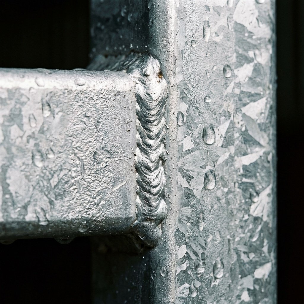 Macro shot of welded steel joint on horse stable frame, thick zinc coating texture, silver metallic finish, water droplets, no red rust, industrial photography, studio lighting, 16:9 --ar 16:9