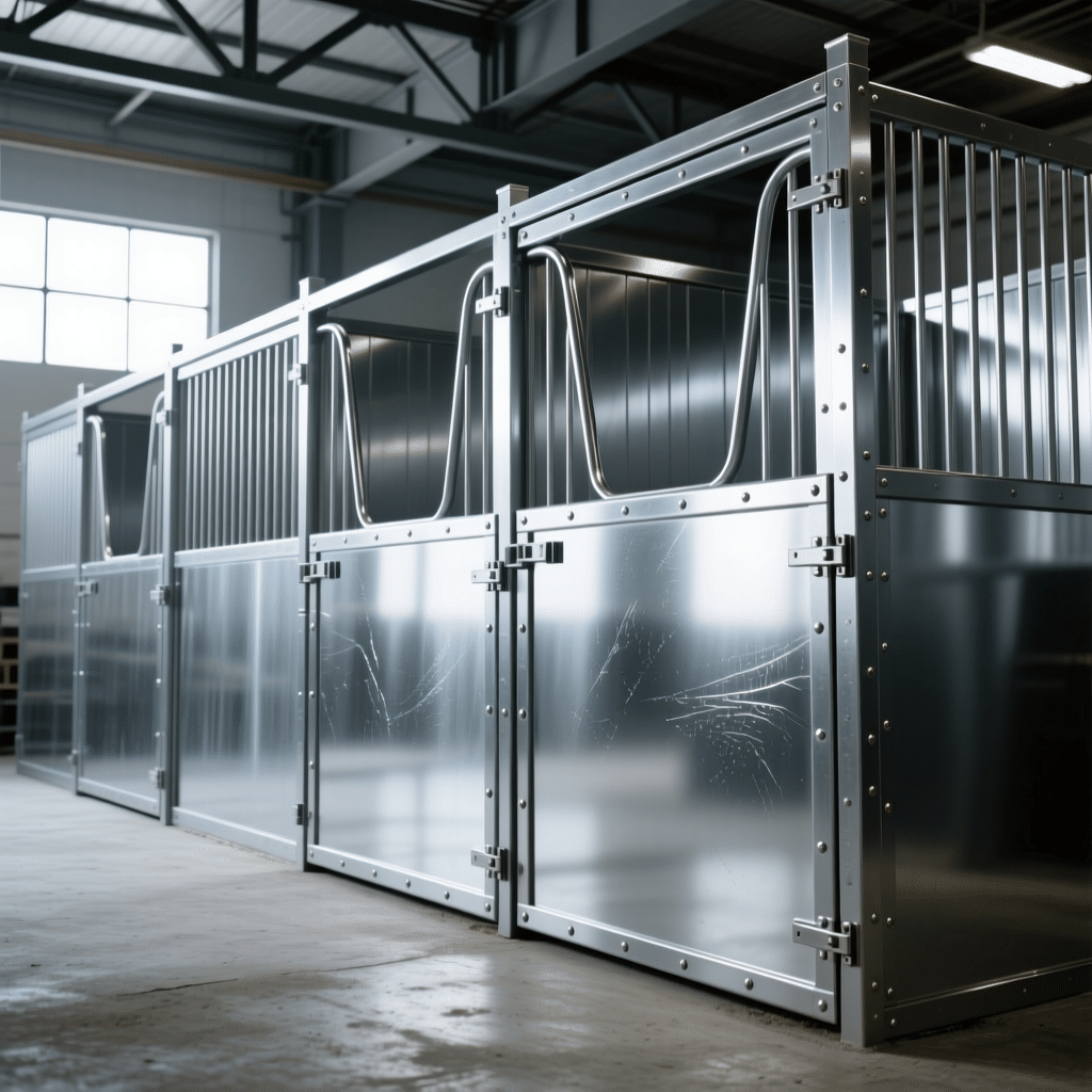 A row of galvanized steel horse stalls in a modern stable, featuring sturdy metal construction with vertical bars and secure doors, designed for durability and safety.