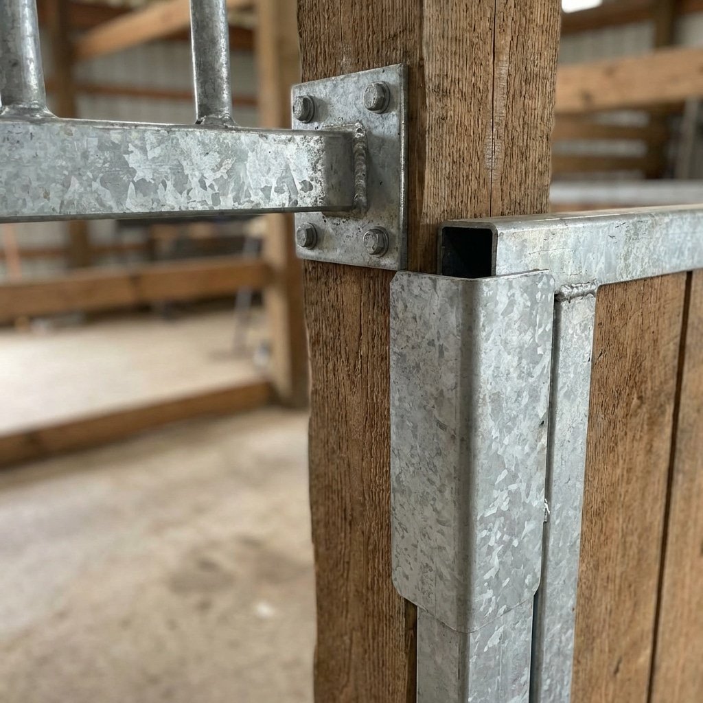 Close-up of a galvanized steel stable panel connected to a wooden post, showcasing durable hardware and construction for horse stalls.