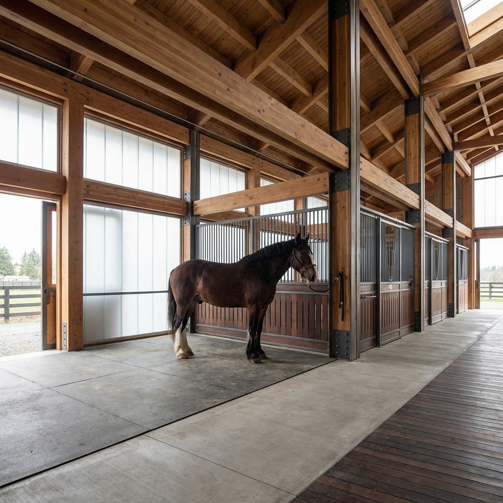 A brown horse stands in a spacious, modern stable with wooden beams and large windows, showcasing high-quality horse stalls and stable panels.