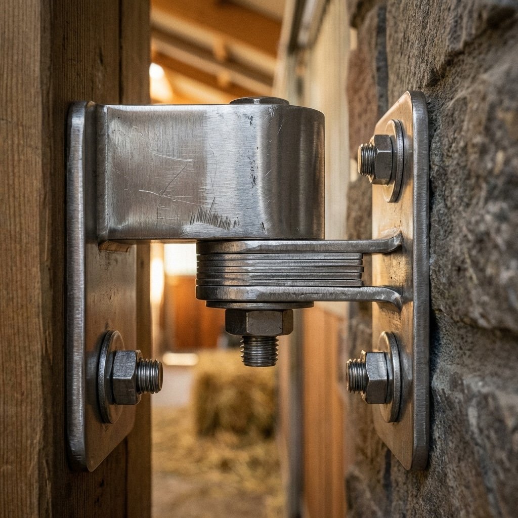 A close-up view of a robust metal hinge mechanism, securely attached to wooden and stone surfaces, showcasing durable hardware ideal for horse stable equipment.