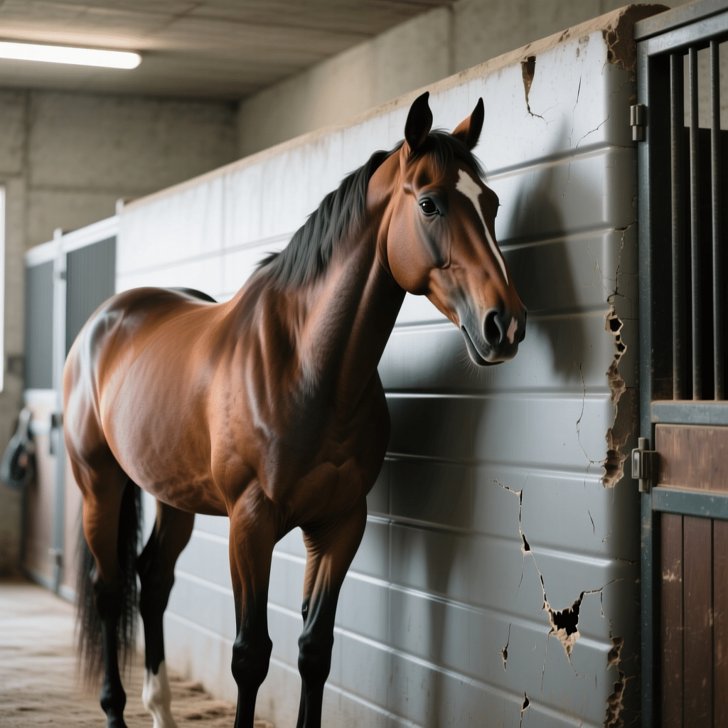 A brown horse stands in a stable next to a galvanized steel stall panel with visible wear and cracks, showcasing durable stable equipment.