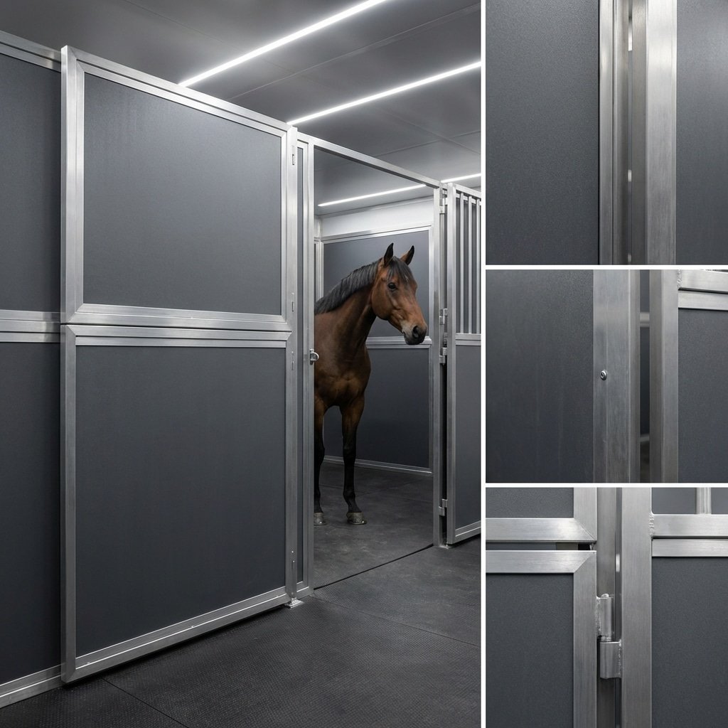 Hyperrealistic product photography of a pristine horse stall interior featuring 32mm HDPE infill panels, smooth surface texture, modern clean design, bright safe lighting, horse standing calmly in background, high detail material texture, 16:9 aspect ratio, no text, no English characters visible --ar 16:9 --style raw --v 6.0