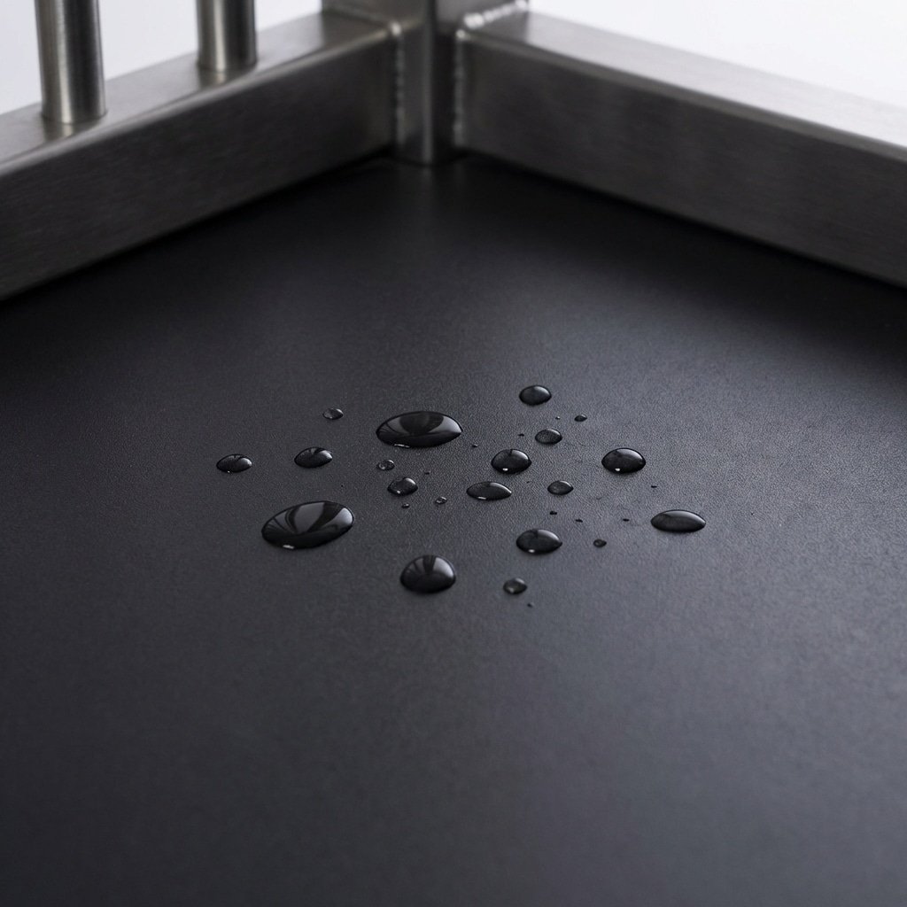 hyperrealistic product photography close-up of UV stabilized HDPE horse stall panels, water beading on the smooth non-porous surface, no wood grain, dark matte finish, macro shot showing durability against moisture, part of a luxury horse stable interior, studio lighting, sharp focus, --ar 16:9 --no text, letters, watermark, english characters