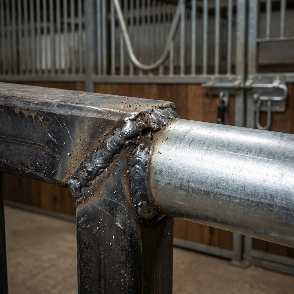 hyperrealistic product photography, macro shot of rough welded steel joints on a horse stable grill versus smooth galvanized tubing, microscopic burrs on metal surface, industrial lighting, detailed texture of horse stalls construction, sharp edges vs smooth finish --ar 16:9 --no text, letters, words, signage