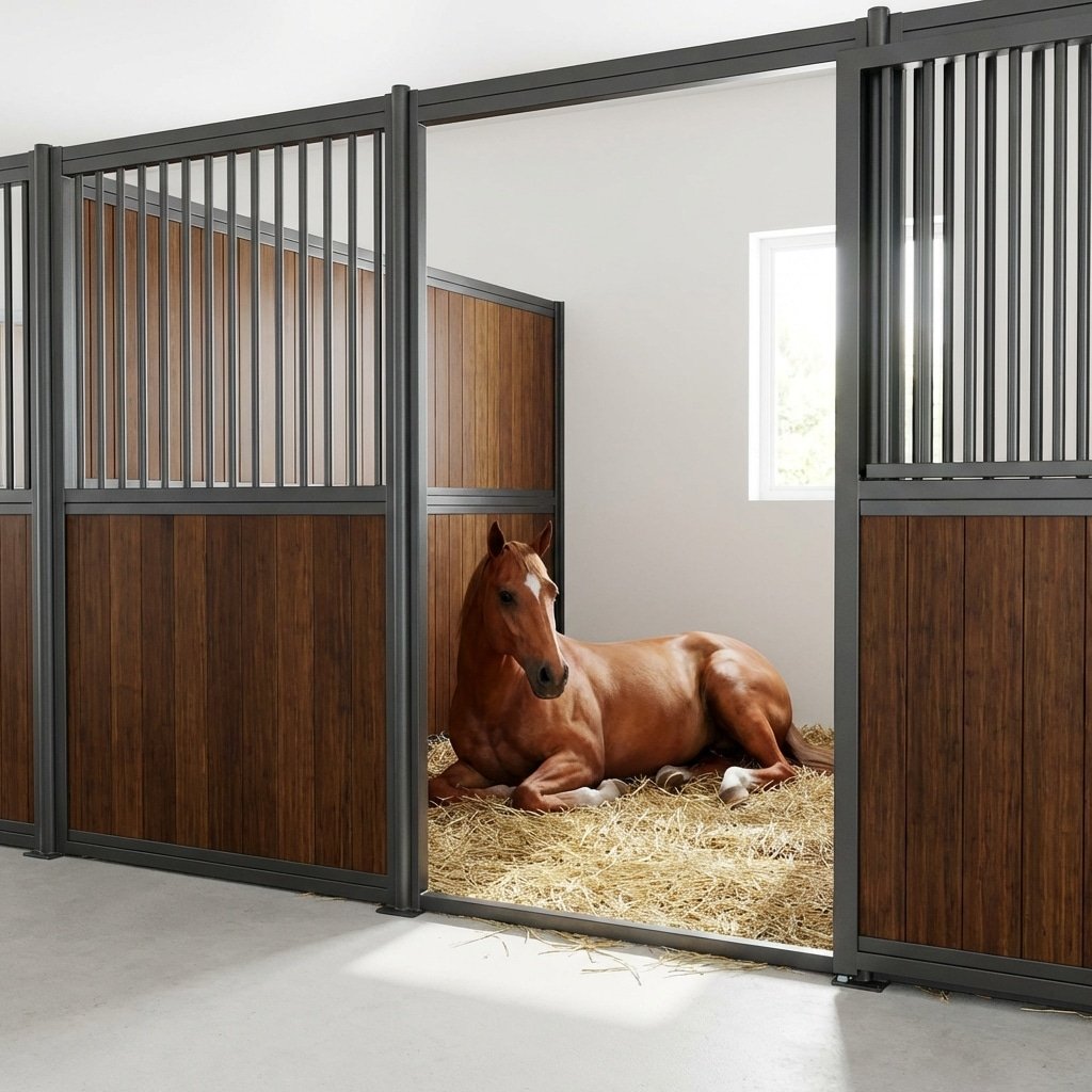 A brown horse rests comfortably on a bed of hay inside a modern horse stall featuring wooden panels and metal bars, with natural light streaming through a nearby window.