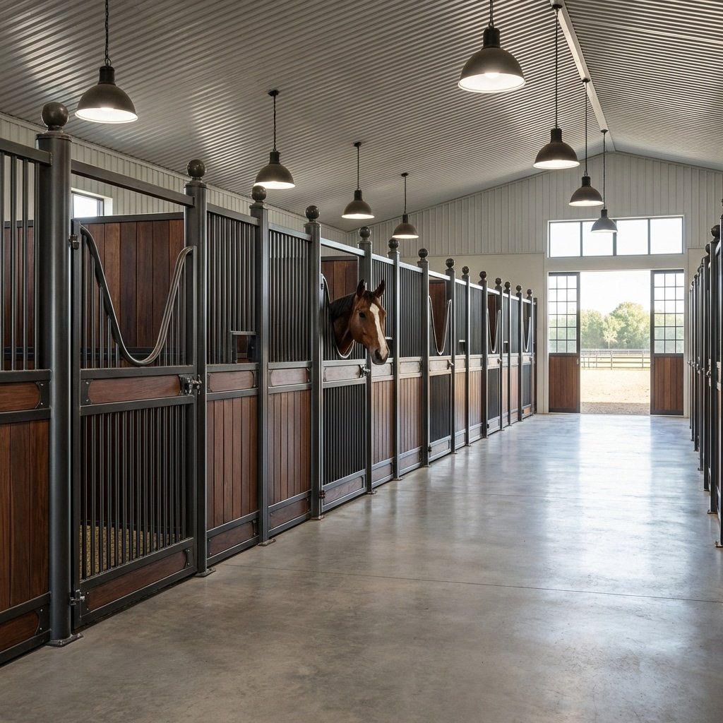 hyperrealistic product photography wide angle of a professional equestrian center aisle with multiple horse stalls, showcasing uniformity and strength, a horse looking out from the horse stable, industrial lighting, 16:9 aspect ratio, no text --ar 16:9 --style raw --v 6.0