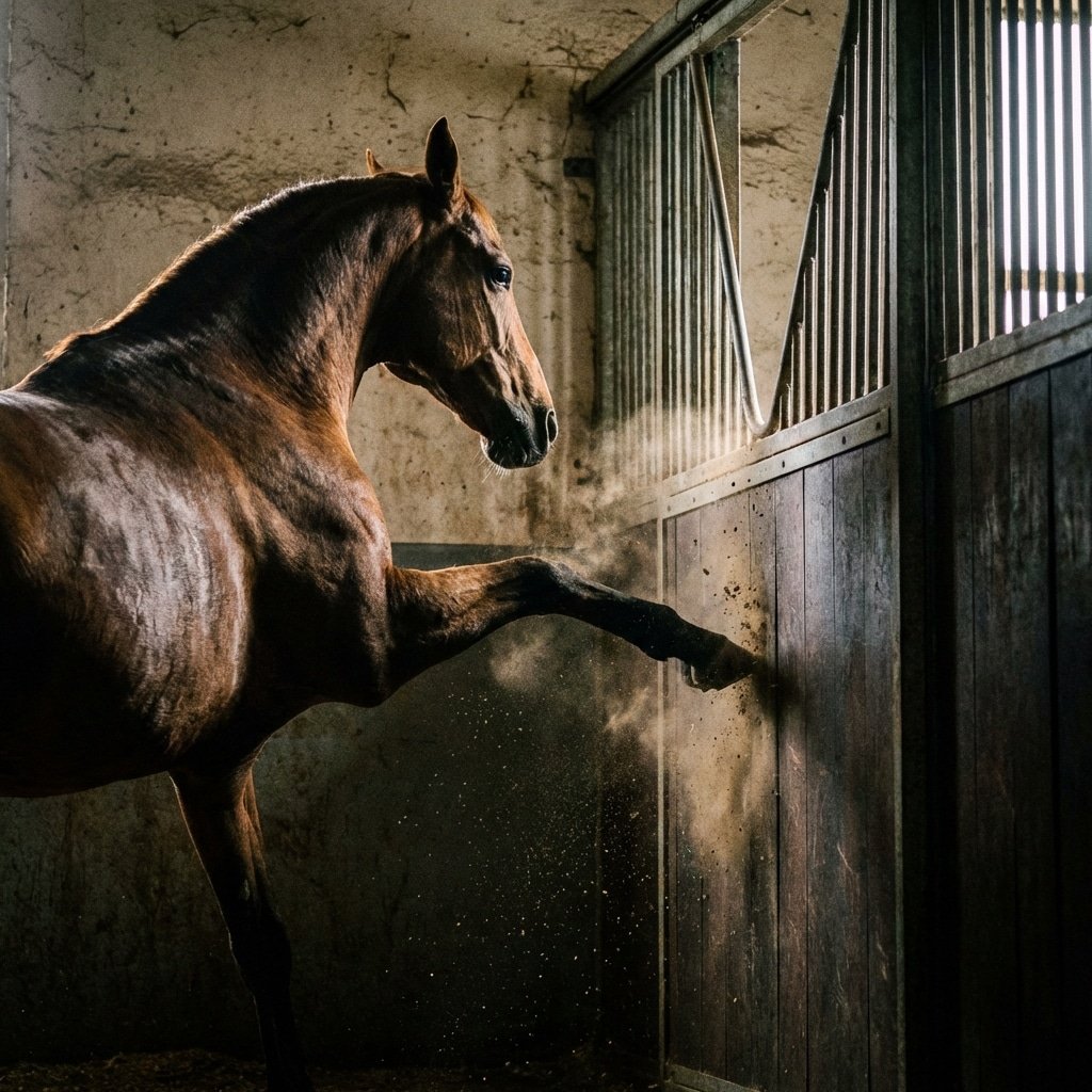 动态超写实摄影,一匹强壮的马踢向坚固的马厩隔间面板,面板保持完全静止不动,展示结构完整性和抗冲击能力,戏剧性灯光,16:9 比例,无文字 --ar 16:9 --style raw --v 6.0