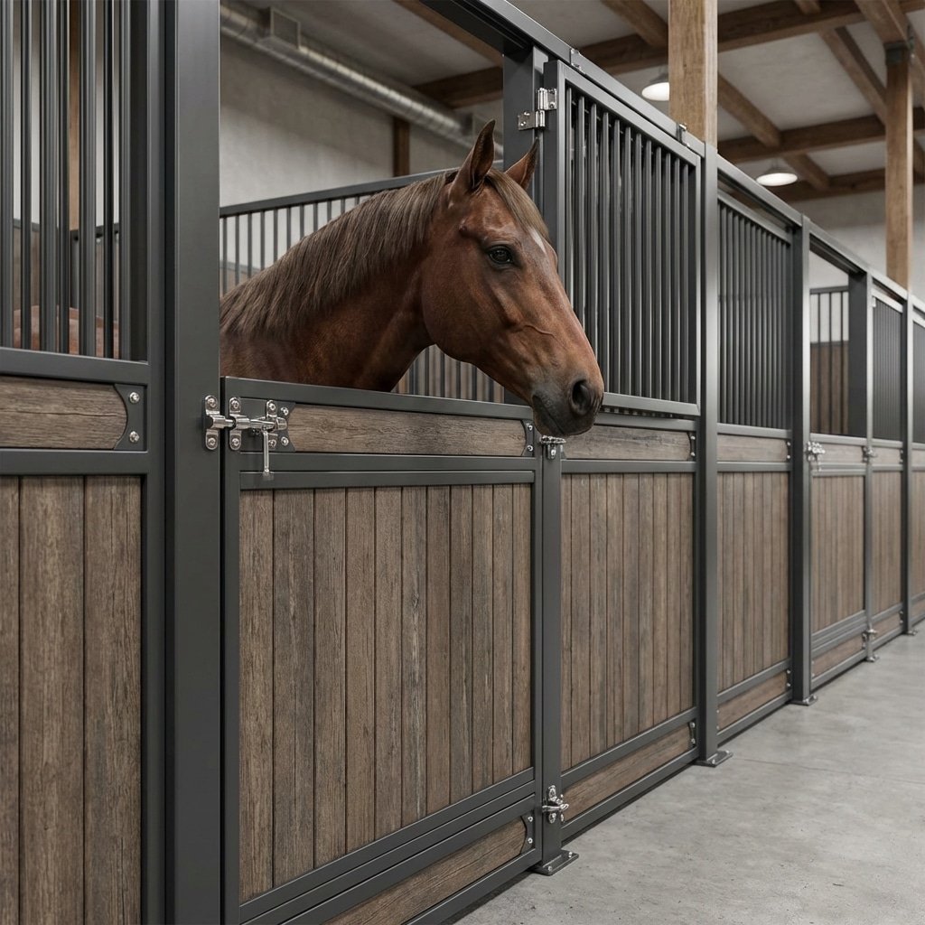 hyperrealistic product photography of a horse stall wall section showing detailed kit inclusions, 14-gauge steel frame with HDPE infill planks, shiny 304 stainless steel bolts and connectors, part of a larger horse stable structure, a horse head visible over the top half door, industrial elegance, horse stalls components, no text, no signage, 16:9 aspect ratio --ar 16:9 --stylize 250 --v 6.0