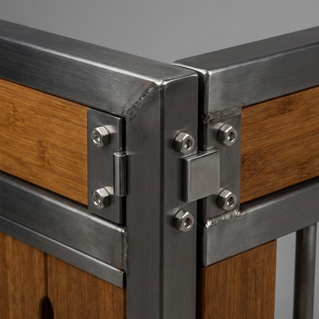 Hyperrealistic product photography close-up of horse stall assembly components, 14-gauge steel frame corner joint, 304 stainless steel bolts and connectors, high-density bamboo infill planks inserted into steel channels, macro detail, metallic textures, industrial elegance, clean background, no signage, no text, 16:9 aspect ratio --ar 16:9 --stylize 250 --v 6.0