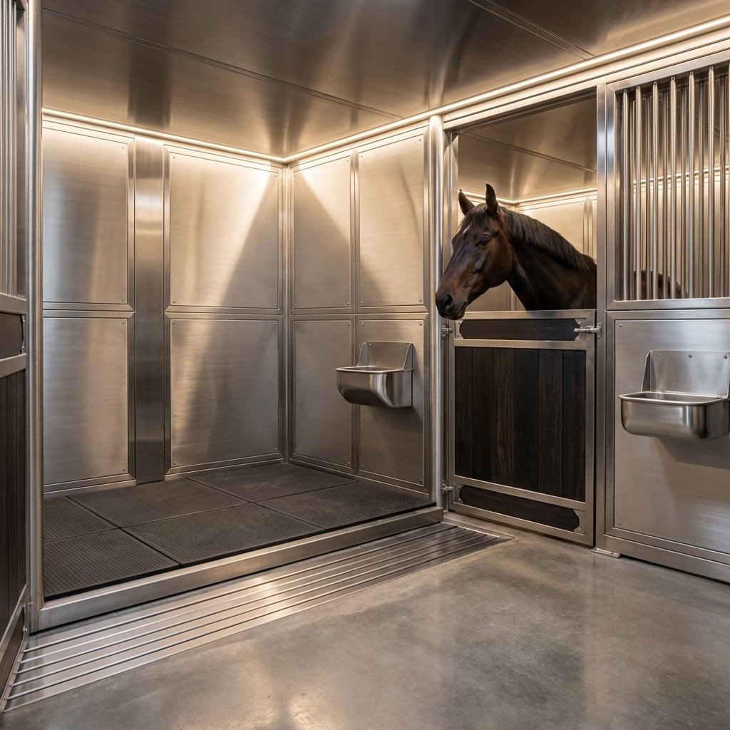 hyperrealistic product photography of a premium stainless steel horse stall interior, ergonomic elevated bases, durable materials, clean hygiene focused design, a horse head visible over the door, soft warm lighting, luxurious stable atmosphere, modular components clearly visible, high-end manufacturing quality, 8k resolution, no text, no signage, no letters, no words --ar 16:9 --style raw --v 6.0