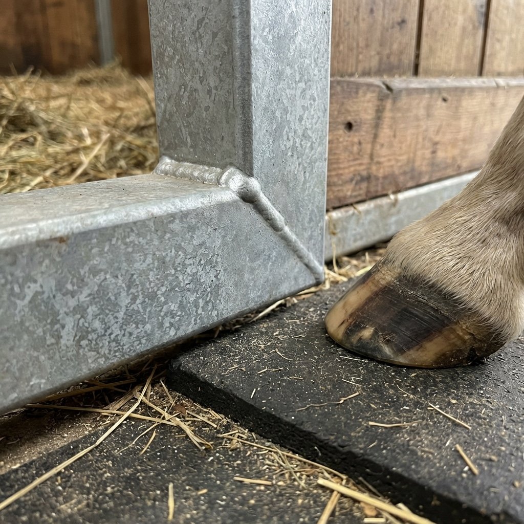 hyperrealistic product photography extreme close-up macro shot of horse stall door bottom frame, hot-dip galvanized steel texture with smooth welds, safe 50mm gap above black rubber mat, miniature horse hoof nearby demonstrating safety, cast-proof engineering detail, 16:9 aspect ratio, no text, no signage, no letters --ar 16:9