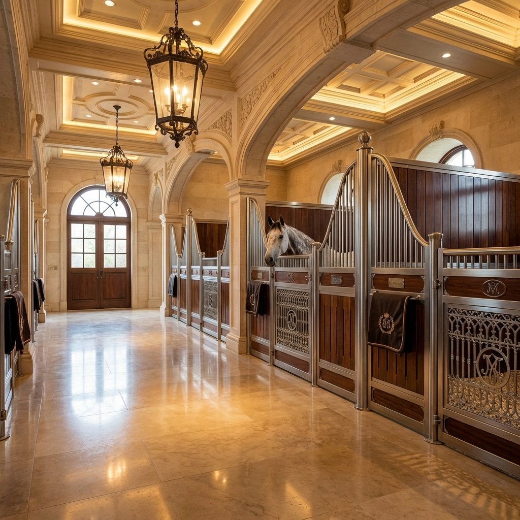 An elegant stable interior featuring luxurious horse stalls with ornate metal and wood designs, high ceilings with decorative arches, and warm lighting. A horse is visible in one of the stalls, showcasing the quality and craftsmanship of the equipment.