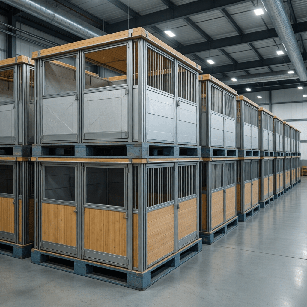 hyperrealistic product photography of flat-pack horse stall modules stacked on steel pallets, renewable bamboo sheets visible, warehouse setting, efficient logistics, modern equestrian equipment, organized storage, --ar 16:9 --no text --no letters