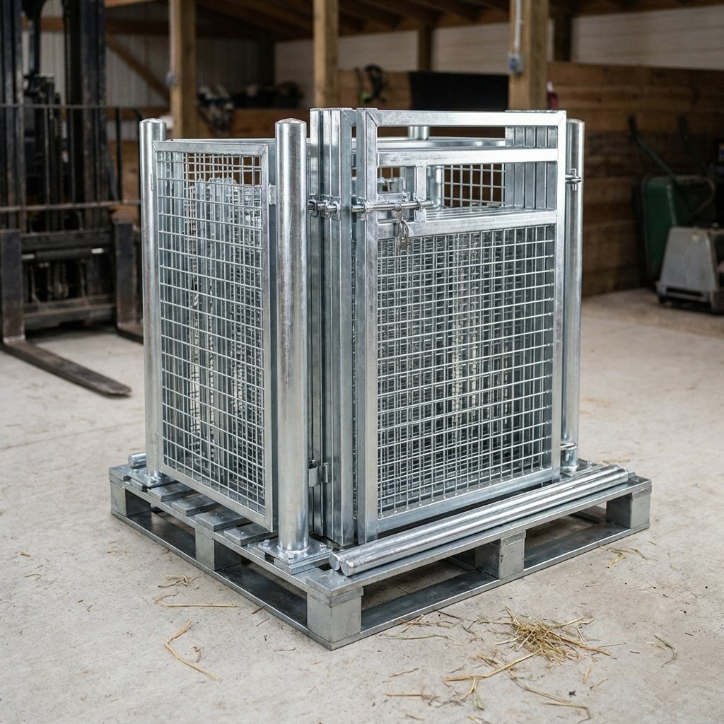 Hyperrealistic product photography of horse stall components neatly organized on a steel pallet inside a barn, ready for assembly, galvanized metal parts shining, forklift tines visible but blurred in background, clean stable floor, professional logistics, no text, no writing, 16:9 aspect ratio --ar 16:9 --style raw --v 6.0