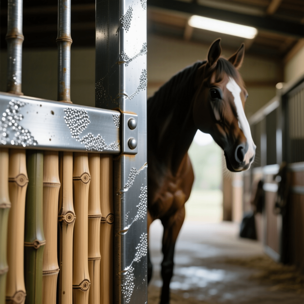 A close-up view of a horse stall featuring bamboo panels and galvanized steel bars, showcasing a modern design for horse stable equipment.