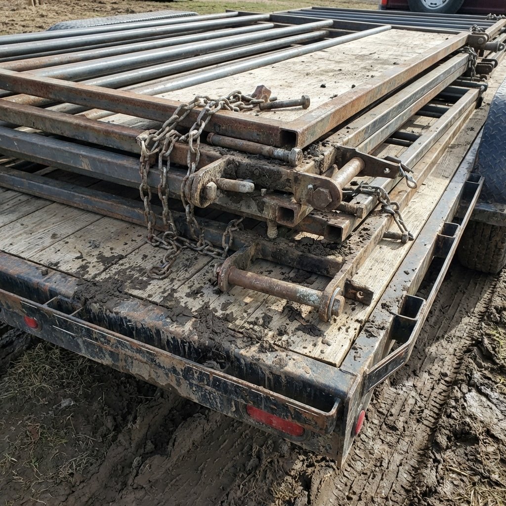 Hyperrealistic product photography of stacked horse stall panels and hardware on a trailer, organized chaos, close up on connection pins and steel frames of the horse stable, muddy ground, realistic textures, no text, no letters, no typography --ar 16:9 --style raw --v 6.0