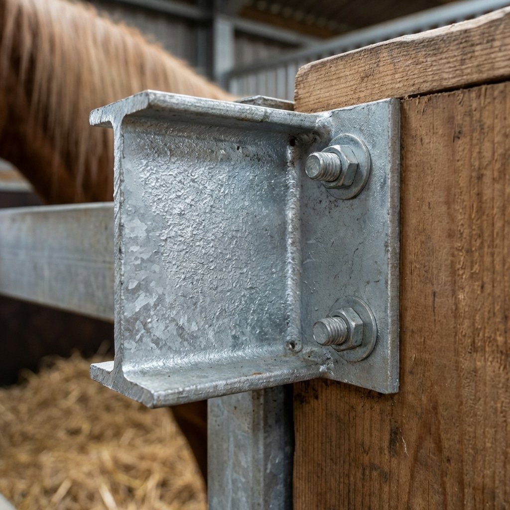 Hyperrealistic product photography close-up detail of hot-dip galvanized steel I-beam connection to horse stall partition, zinc texture visible, industrial elegance, sturdy construction, Q235B steel material, Horse Stable context, no text --ar 16:9 --v 6.0