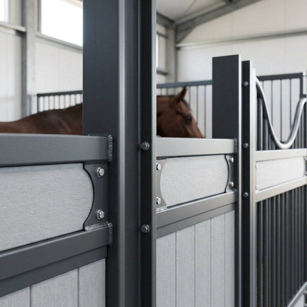 hyperrealistic product photography close-up detail of premium horse stall construction, Q235B structural steel beams and non-porous HDPE infill materials, clean welds, corrosion resistant surface, blurred horse in background, industrial precision, veterinary grade materials, no signage, no text, --ar 16:9 --style raw --v 6.0