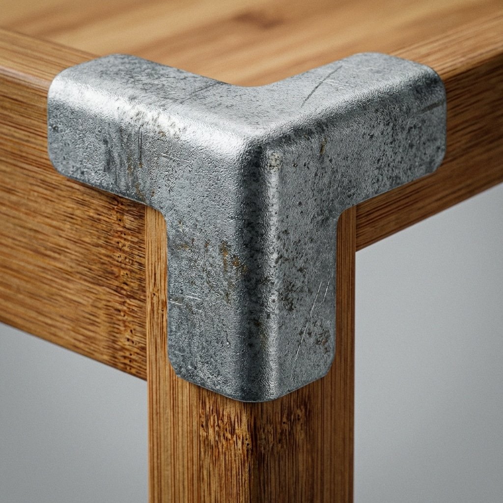 微距超写实产品摄影,14 号钢制角落接头和高密度竹材填充细节,展示锌涂层纹理和木纹,工作室灯光,展现材料规格,16:9 比例,无文字 --ar 16:9 --style raw --v 6.0