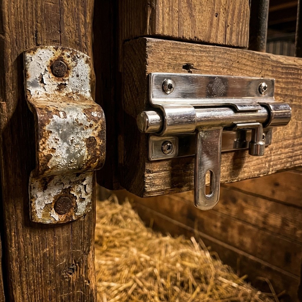 hyperrealistic product photography, macro shot comparing corroded zinc hardware versus shiny 304 stainless steel latch on a horse stall door, stable environment with straw bedding visible below, warm lighting, high detail on metal surface imperfections, 16:9 aspect ratio --ar 16:9 --no text, letters, words, signage, branding