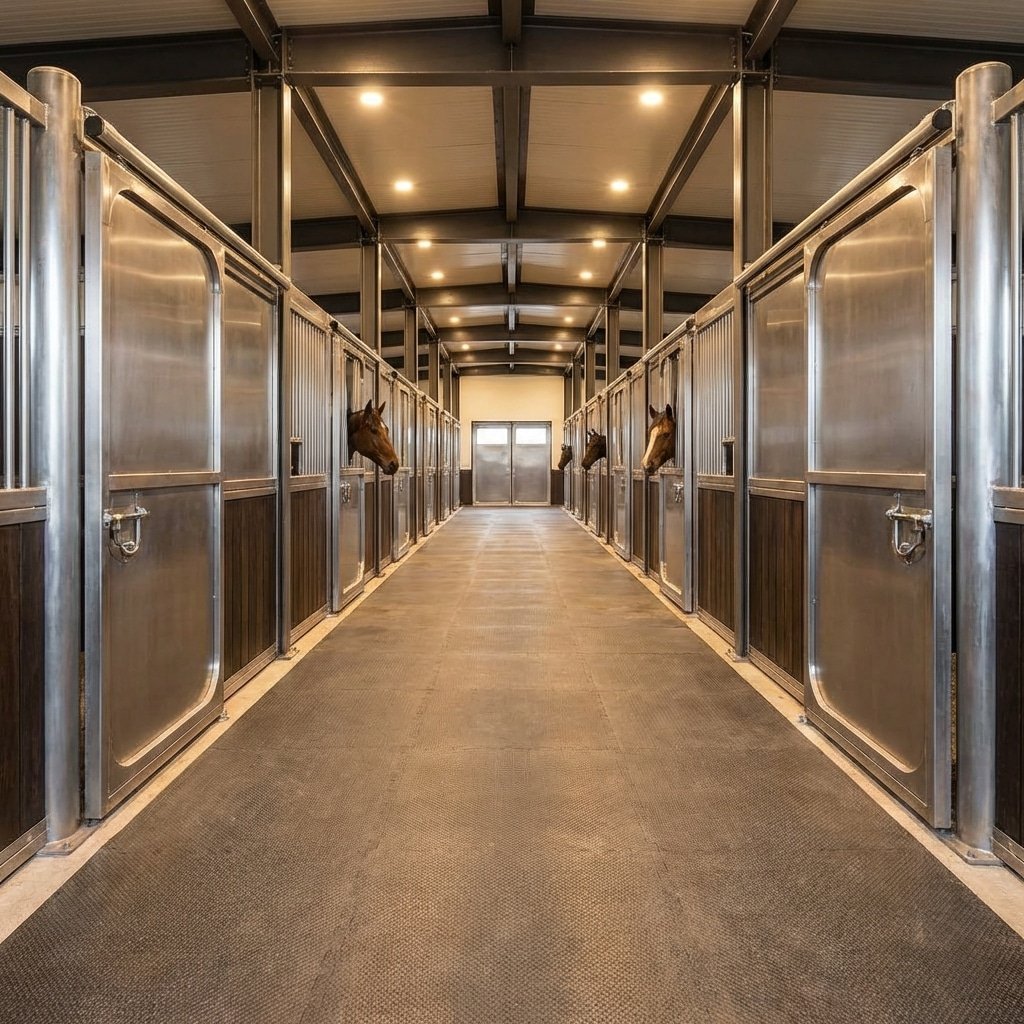 Modern Horse Stalls & Stable Equipment Solutions A long, well-lit stable aisle with rows of modern horse stalls featuring stainless steel doors and wooden panels, showcasing high-quality stable equipment for sale.